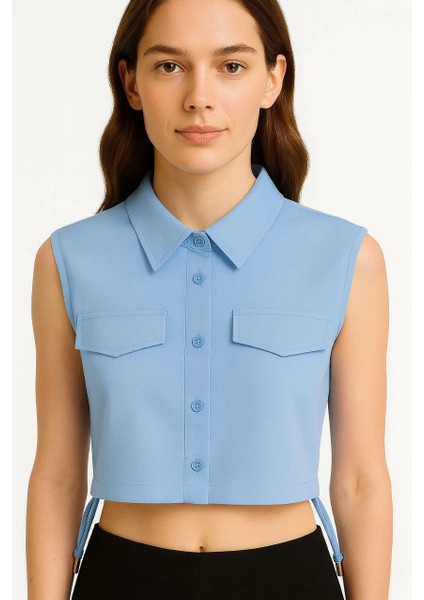 Kadın Crop Poplin Gömlek Yalancı Cepli, Ayarlanabilir Yan Kordonlu, - Bebe Mavisi -Vlmr modelleri