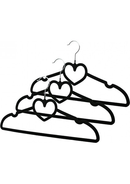 3pcs Siyah Kadife Kaplı - Kalpli Plastik Askı Metal Uçlu (5324)