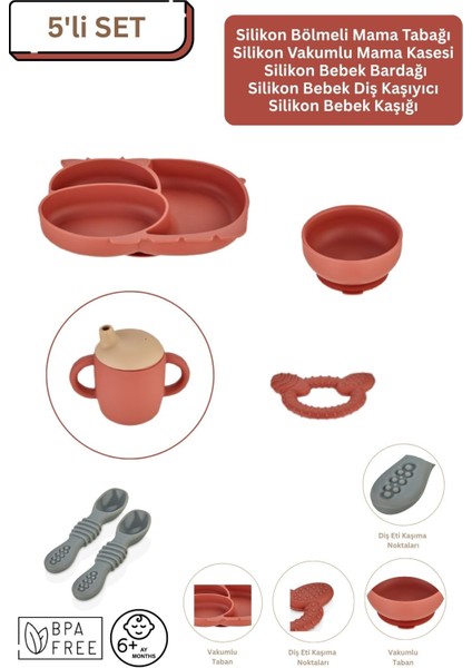 5'li Silikon Set / Bölmeli Mama Tabağı / Kase / Bardak / Diş Kaşıyıcı / Mama Kaşığı - Kiremit Rengi