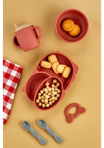 5'li Silikon Set / Bölmeli Mama Tabağı / Kase / Bardak / Diş Kaşıyıcı / Mama Kaşığı - Kiremit Rengi fiyatları