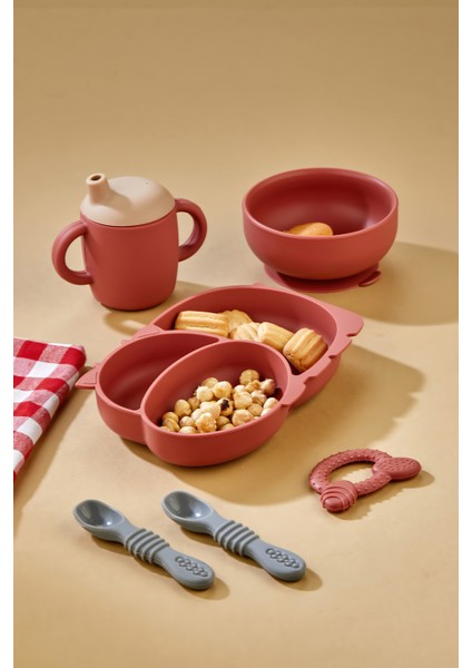 5'li Silikon Set / Bölmeli Mama Tabağı / Kase / Bardak / Diş Kaşıyıcı / Mama Kaşığı - Kiremit Rengi