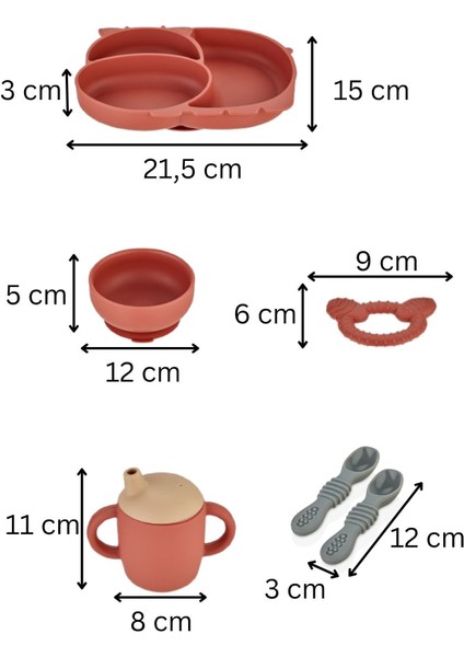 5'li Silikon Set / Bölmeli Mama Tabağı / Kase / Bardak / Diş Kaşıyıcı / Mama Kaşığı - Kiremit Rengi