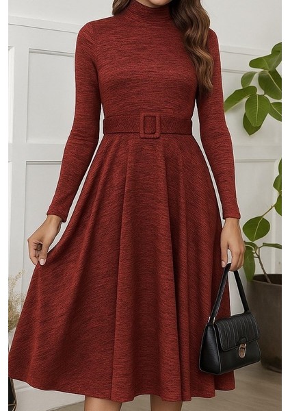 Kadın Uzun Kollu Balıkçı Yaka Kemer Detaylı Yumoş Midi Elbise fiyatları