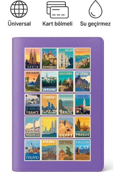 Pasaport Kılıfı Pasaportluk Desenli Pasaport Kabı Su Geçirmez Ülke Pulları