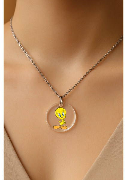 Şeffaf Sert Akrilik Kolye Ucu ve Üzeri Zincirli Desenli Kolye Ttwetyy