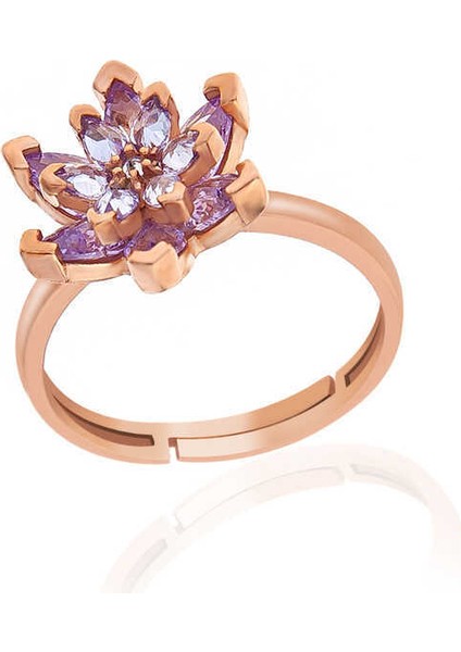 Gümüş Rose Lila Taşlı Lotus Çiçeği Kadın Yüzük