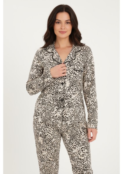 Luxury Viscose Siyah Beyaz Leopar Desenli Kadın Uzun Kollu Pijama Takımı – 42570 fiyatları