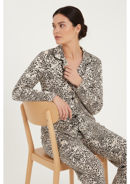 Luxury Viscose Siyah Beyaz Leopar Desenli Kadın Uzun Kollu Pijama Takımı – 42570 modelleri