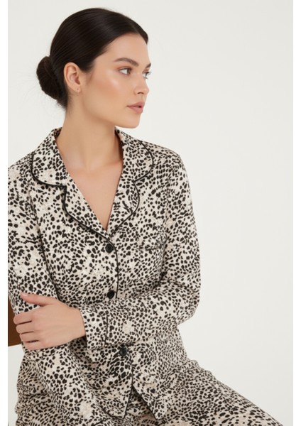 Luxury Viscose Siyah Beyaz Leopar Desenli Kadın Uzun Kollu Pijama Takımı – 42570 fırsatları