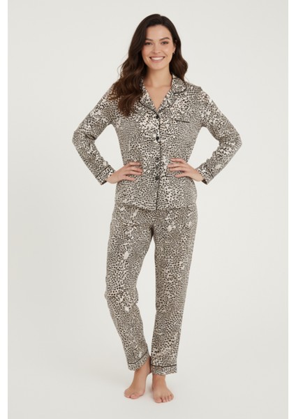 Luxury Viscose Siyah Beyaz Leopar Desenli Kadın Uzun Kollu Pijama Takımı – 42570 indirimleri