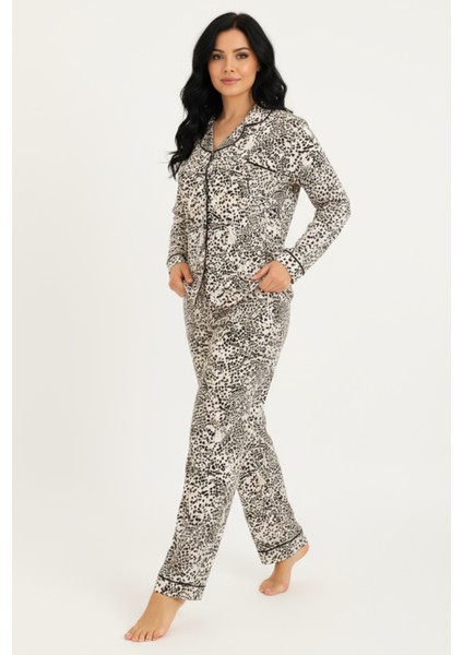 Luxury Viscose Siyah Beyaz Dalmaçya Desenli Kadın Uzun Kollu Büyük Beden Pijama Takımı – 42533