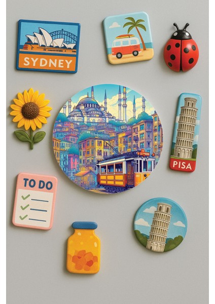 Modern ve Dekoratif Yuvarlak Buzdolabı Magneti Magnet Büyük Boy 10X10 cm - Tramvay