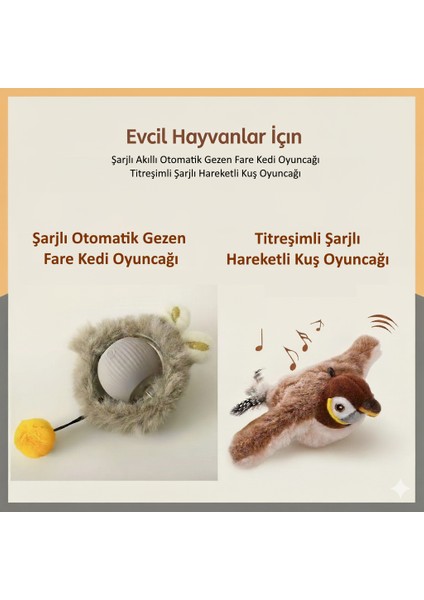 2'li Akıllı Kedi Oyuncağı Seti: Şarjlı Titreşimli Hareketli Kuş ve Otomatik Gezen Fare Oyuncak