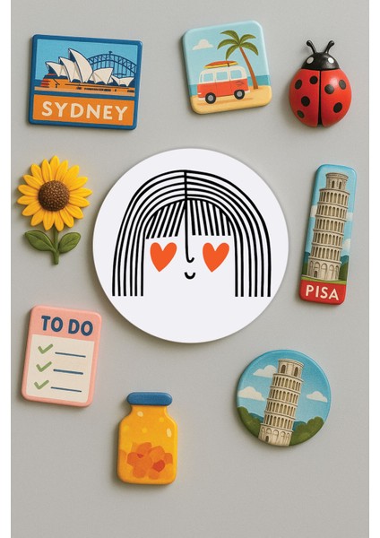 Modern ve Dekoratif Yuvarlak Buzdolabı Magneti Magnet Büyük Boy 10X10 cm - Aşık Kız