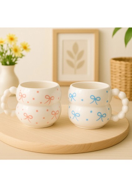 2 ' Li Katmerli Pembe - Mavi Fiyonk Desenli Özel Kabartmalı El Işlemeli Seramik Kupa