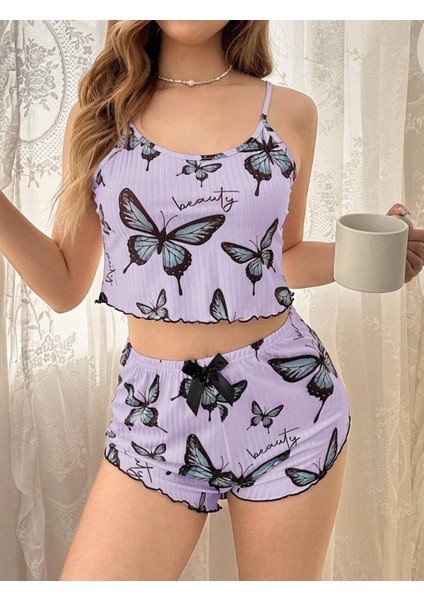 La Vıor Kadın Mor Kelebek Desenli Pijama Takımı