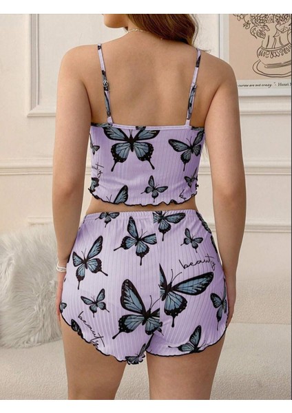 La Vıor Kadın Mor Kelebek Desenli Pijama Takımı modelleri