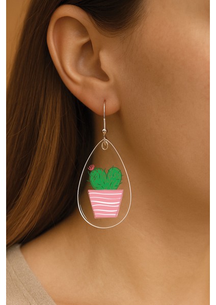 Kadın Küpe Uv-Tasarım Süslü Kancalı Damla Küpe Kaktüs Saksı