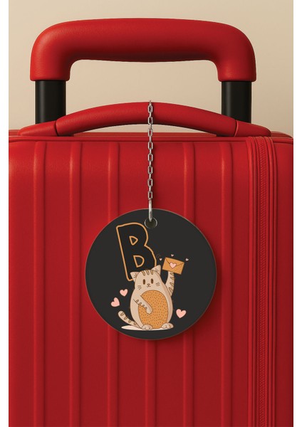 Desenli Baskılı Pleksi Zincir Aparatlı Bavul Etiketi Valiz Etiketi Kedili B Harfi