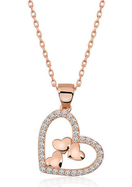 Gümüş Rose Kalbin İçinde Üç Kalp Kolye