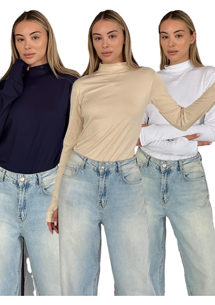 Kadın 3'lü Set Parmak Detaylı Body