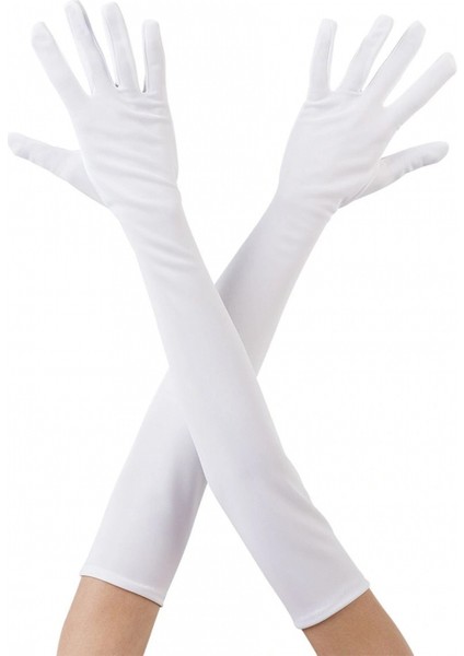 Beyaz Renk Dirseğe Kadar Uzun Kumaş Eldiven 40 cm (5324)