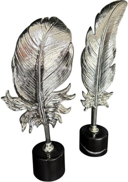 Mermer Kaideli 2’li Metal Dekoratif Tüy Seti 60CM - 45CM Gümüş Renk Döküm Dekor
