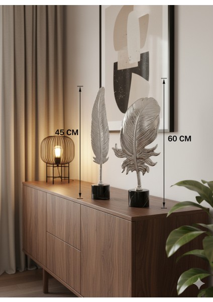 Mermer Kaideli 2’li Metal Dekoratif Tüy Seti 60CM - 45CM Gümüş Renk Döküm Dekor modelleri