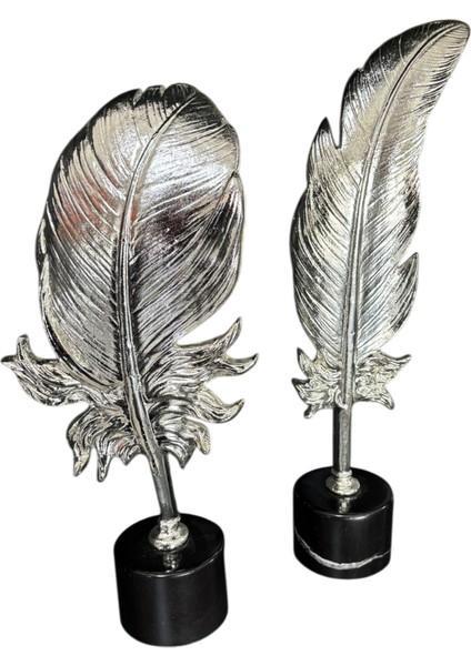Mermer Kaideli 2’li Metal Dekoratif Tüy Seti 60CM - 45CM Gümüş Renk Döküm Dekor
