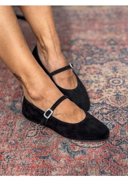 Velma Hakiki Süet Deri Taşlı Toka Detaylı Siyah Babet