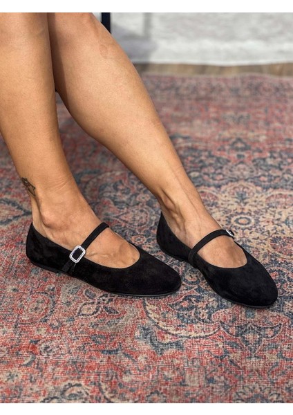 Velma Hakiki Süet Deri Taşlı Toka Detaylı Siyah Babet modelleri