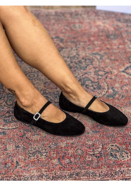 Velma Hakiki Süet Deri Taşlı Toka Detaylı Siyah Babet