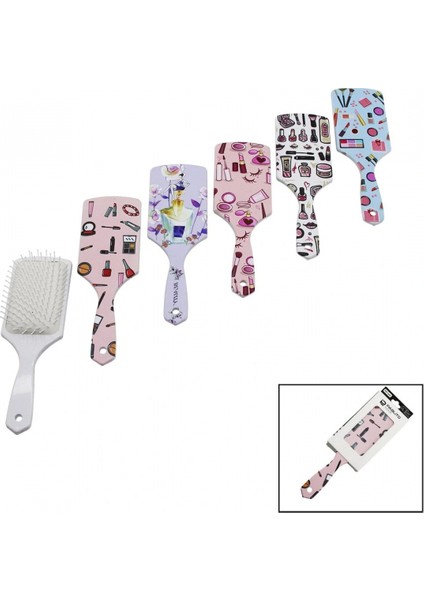 Saç Fırçası - Tarak Plastik Renkli Desenli Sap - Beyaz Fırça Kılları (5324)