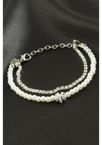 Nrzsnt Yonca Şerit Taşlı Inci Bileklik-Gümüş Rengi