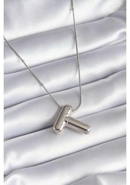 316L Çelik Gümüş Renk Bubble "t" Harf Model Kadın Kolye - Lisinya