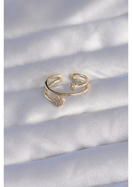 Pirinç Gold Renk Zirkon Taşlı Kalpli Model Ayarlanabilir Yüzük - Lisinya fiyatları