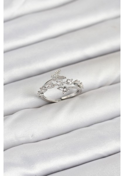 Pirinç Gümüş Renk Zirkon Taşlı Kelebek Model Kadın Yüzük - Lisinya