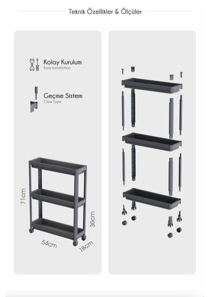 Slim 3 Katlı Tekerlekli Mutfak ve Banyo Rafı - Dar Alan Baharatlık Havluluk Düzenleyici Organizer