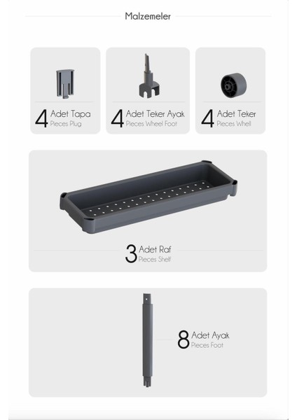 Slim 3 Katlı Tekerlekli Mutfak ve Banyo Rafı - Dar Alan Baharatlık Havluluk Düzenleyici Organizer