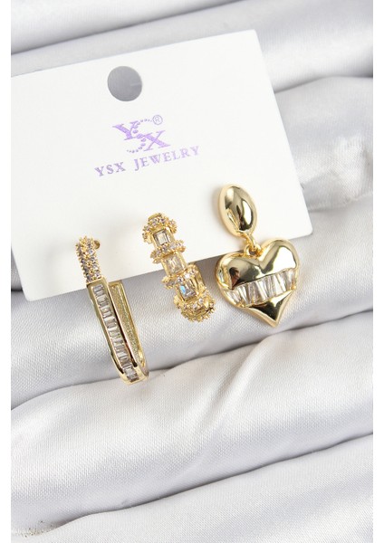 Pirinç Zirkon Taşlı Kalp Model Gold Renk 3'lü Kadın Küpe - Lisinya