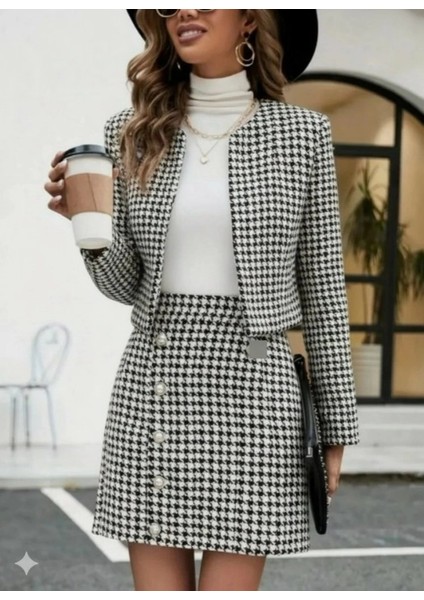 Mdb Kadın Uzun Kollu Önü Açık Dokuma Ceket ve Mini Etek Ikili Takım fırsatları