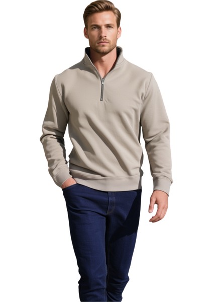 Unisex Relax Rahat Kesim Pamuklu Içi Polarlı Yarım Fermuarlı Dik Yaka Sweatshirt modelleri