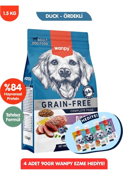 Hediyeli Ördekli Tahılsız Yetişkin Köpek Maması 1,5kg + 4lü Yaş Mama 90GR Hediyeli!