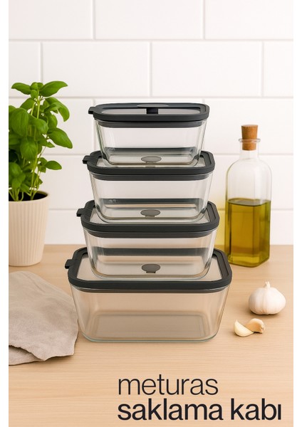 4’lü Cam Saklama Kabı Seti; 470 Ml, 800 Ml, 1380 ml ve 2600 ml Kapasiteleriyle Mutfakta Hijyenik Gıda Muhafazası Sağlar. Borosilikat Cam ve Vakumlu Silikon Kapaklar