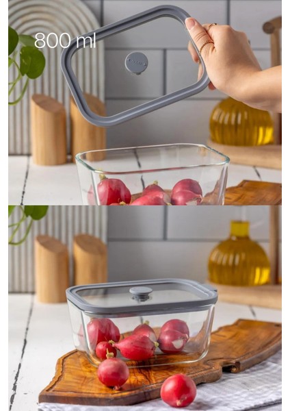 4’lü Cam Saklama Kabı Seti; 470 Ml, 800 Ml, 1380 ml ve 2600 ml Kapasiteleriyle Mutfakta Hijyenik Gıda Muhafazası Sağlar. Borosilikat Cam ve Vakumlu Silikon Kapaklar