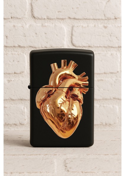 Uv Baskılı Desenli Metal Benzinli Siyah Çakmak Cep Çakmağı - Kalp