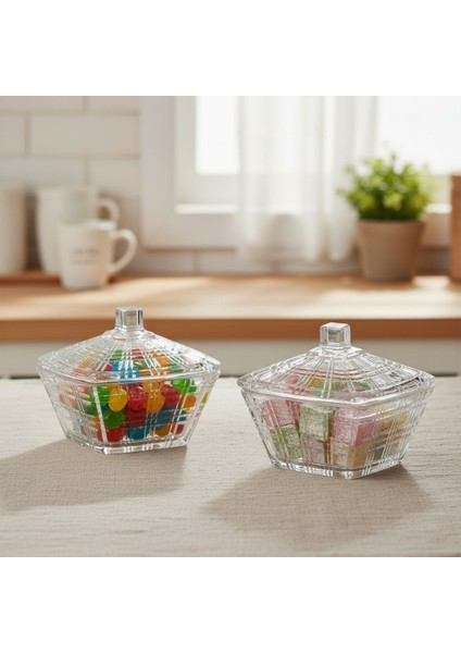 2'li Hasır Dekor Kare Cam Şekerlik Seti