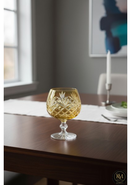 El Yapımı Kristal Bohemia Sarı Dekoratif Sunumluk Ayaklı Kadeh Kahve Yanı Su Bardağı