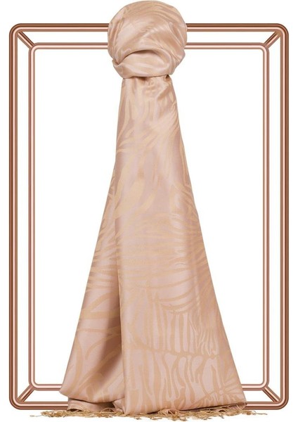 Ipekevi Desenli Jakarlı Ipek Şal - Zebra Desenli - Pudra