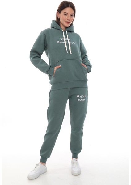 Kadın Kapüşonlu Kanguru Cep Şardonlu 3 Iplik Kışlık Içi Polarlı Günlük Eşofman Takım